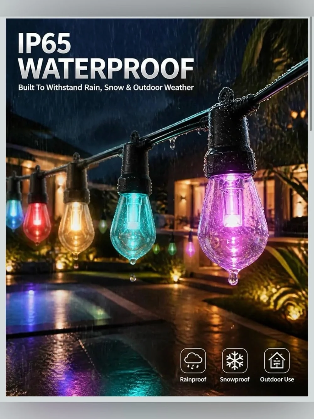Outdoor string lights, 50FT RHBW color changing patio lights with remote and APP